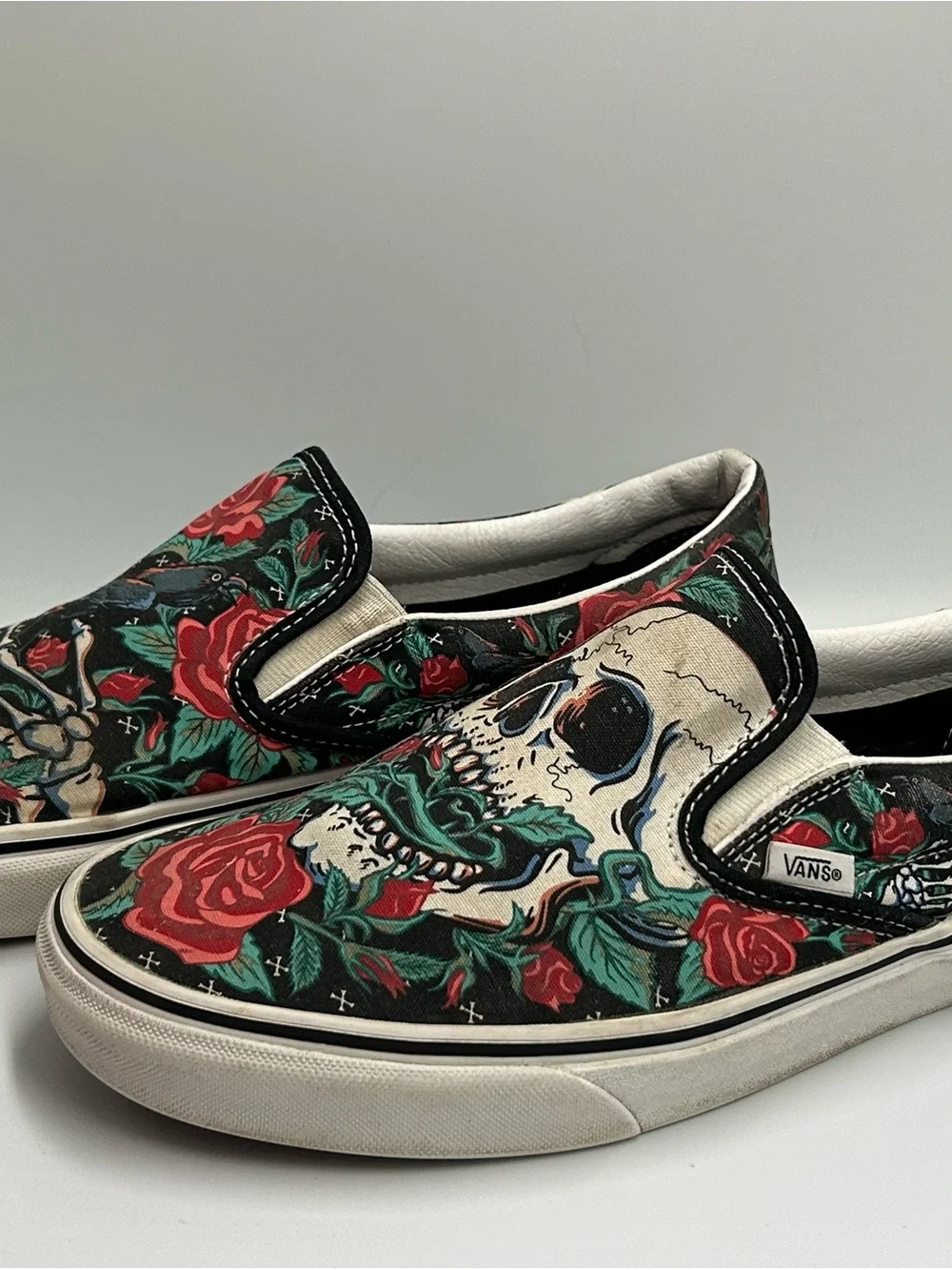 Vans Slip-On Floral Skull Print in Black, Red & Green